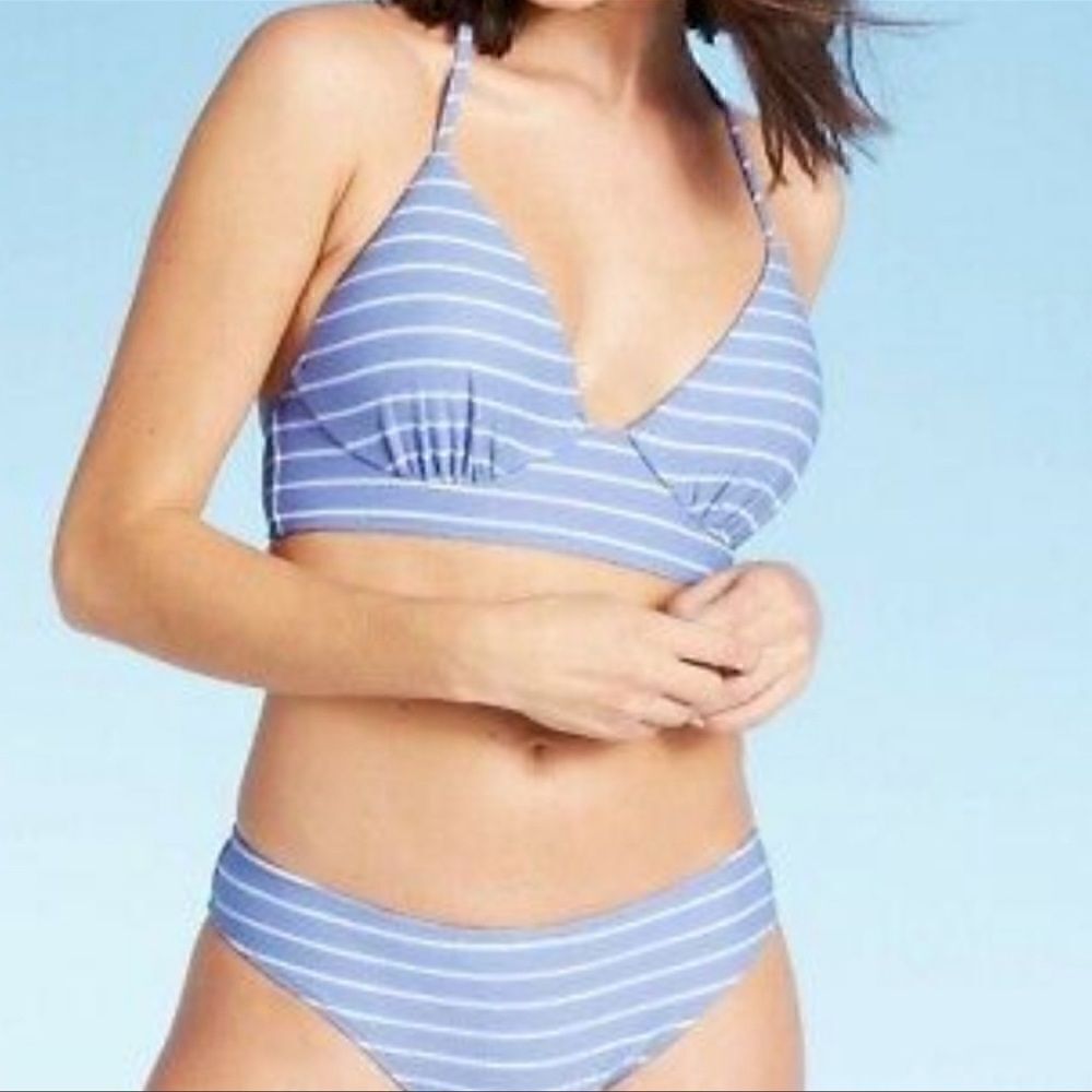 Shade & Shore- Light Blue & White Striped Ribbed Knit Bikini, Size 36B / XL